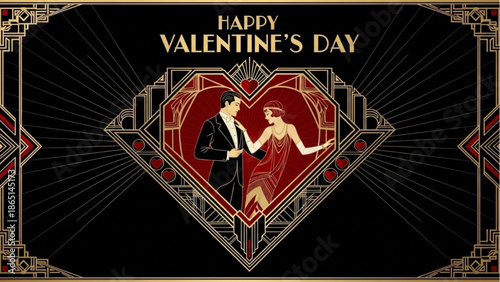 Romantic Valentine’s Day Couple Dancing in Art Deco Style Illustration with Elegant Black Background