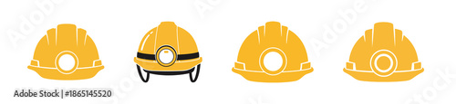 Set of four yellow hard hats from different angles, representing safety and construction work