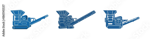 Blueprint style vector illustrations of industrial crushing machinery from three different angles