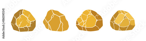 Four abstract golden rocks with a cracked surface, resembling golden nuggets or mineral formations