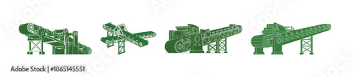 Stylized green illustrations of diverse heavy industrial equipment, representing the fundamental components of manufacturing, mining, and resource processing operations