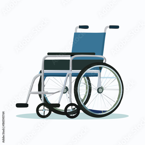 Illustration of a blue and silver manual wheelchair. This medical equipment provides essential mobility and accessibility, supporting independence for individuals with disabilities