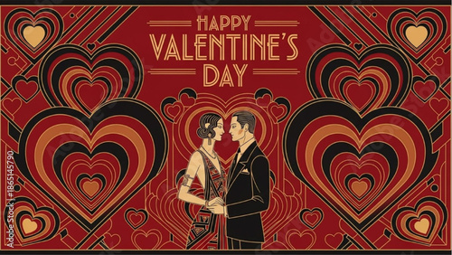 Valentine's Day Romantic Couple Embracing with Heart Patterns Vintage Graphic Art