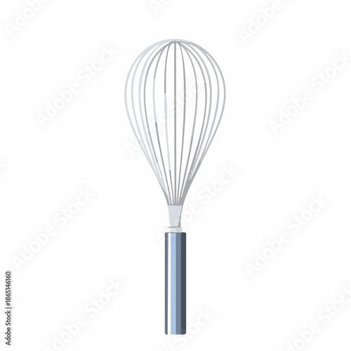 A silver whisk with a blue handle isolated on a white background, perfect for culinary and baking applications