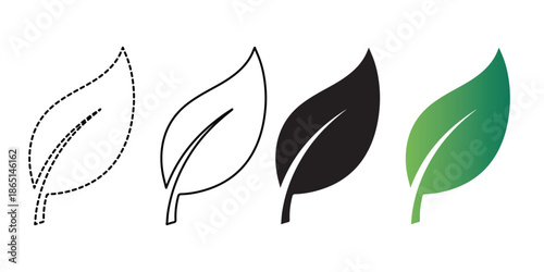 A collection of leaf icons in different styles including outline, solid, and gradient representations