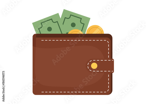 Full brown leather wallet vector illustration accessory packed with dollar banknotes and golden coins wealth symbol.