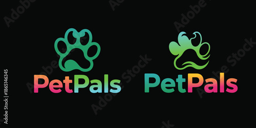 Variations of a colorful petpals logo featuring paw print icons for a pet care business