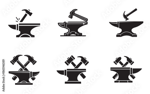 Blacksmith tools set of anvil and hammer silhouettes in a vector design.