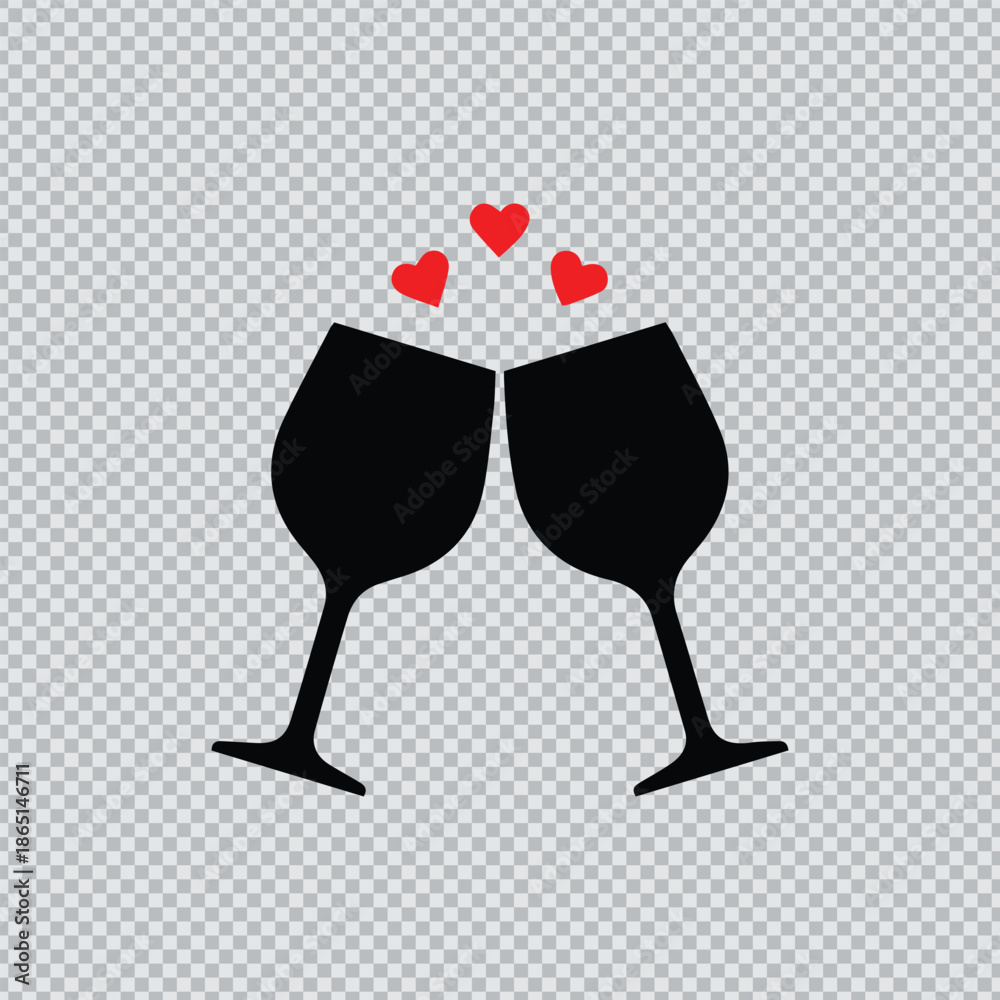 Fototapeta premium Romantic Toasting Wine Glasses Black Silhouette Icon with Floating Red Hearts for Valentine's Day Dinner and Anniversary Celebration Vector.