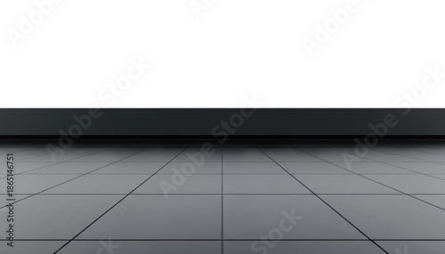 Sleek Black Square Tile Floor With Dark Curb. Minimalist architectural interior features reflective grid surface and solid black stone border edge.