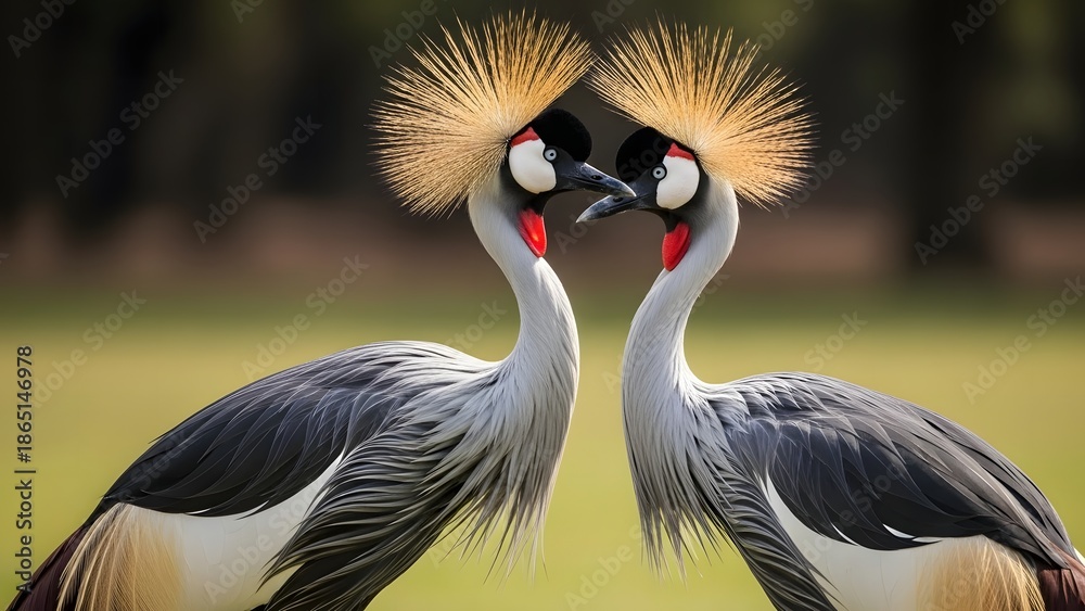 Fototapeta premium Two crowned cranes standing face to face in a grassy field