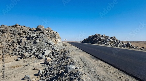 Barren landscape with a paved road surrounded by rocky terrain under a clear blue sky in arid environment