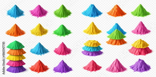Vibrant colorful Holi powder piles set on transparent background for festival celebration.