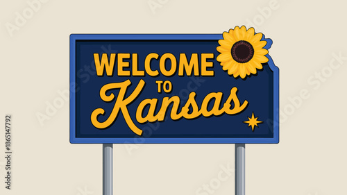 Welcome to kansas roadside sign illustration with sunflower isolated on light background representing state tourism, travel destination and american culture
