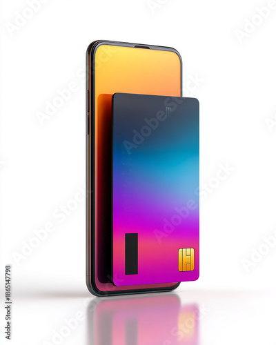 Sleek smartphone with colorful credit card and gold microchip for mobile payment concept
