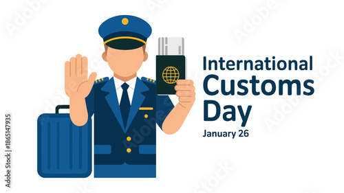 International customs day illustration with customs officer holding passport isolated on light background representing border control, travel security and trade awareness