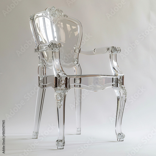 Elegant transparent acrylic ghost chair with ornate classic carvings isolated on white background