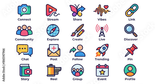 A set of colorful social media icons representing various digital communication concepts, perfect for modern online platforms and applications.