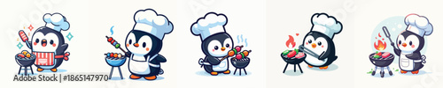 cute penguin vector grilling meat