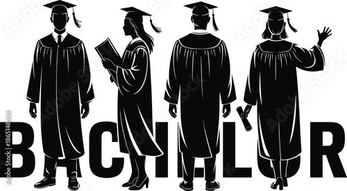 Bachelor graduation silhouette illustration with diverse poses and academic caps for degree celebration and educational achievement themes.