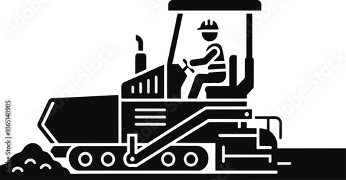 Asphalt paver machine vector illustration, road paving equipment with operator