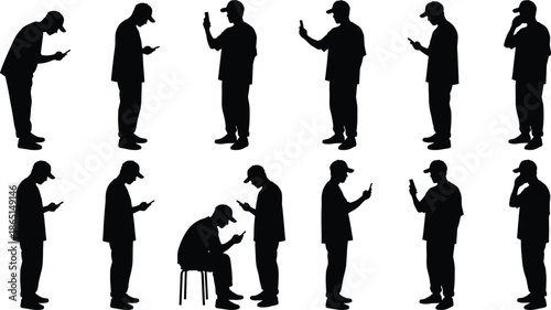 Set of people silhouettes using smartphone in different standing and sitting poses isolated on white background representing mobile communication and digital lifestyle concept