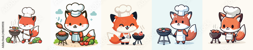 Fototapeta premium cute fox vector grilling meat