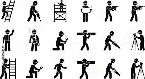 Construction worker icon silhouettes performing multiple site tasks with tools and equipment isolated on white background representing industry safety labor workflow pictograms