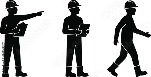 Construction worker silhouettes wearing safety helmets pointing checking clipboard and walking isolated on white background representing site supervision inspection and industrial workflow concept