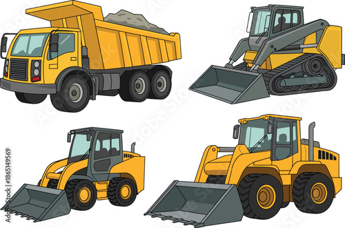 Cartoon construction vehicle illustration set with dump truck, skid loader, and front-end loaders for building and excavation themes.