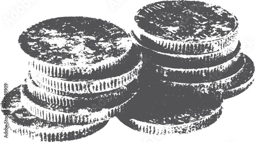 Coins in a simple pile. Black and white vector illustration highlighting monetary assets and finance.