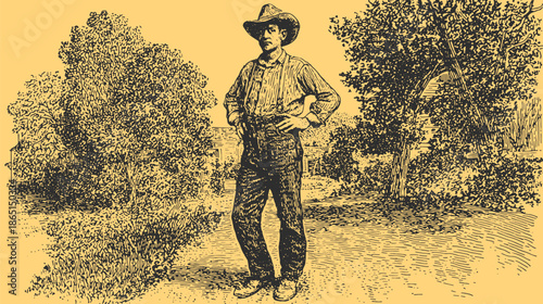 A vintage farmer man standing outdoors surrounded by trees. This detailed vector illustration captures the essence of rural life in a simple style.