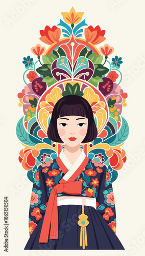 Korean Traditional Attire: A striking illustration of a woman adorned in vibrant Korean traditional attire. The intricate details of her Hanbok are contrasted with a decorative background.