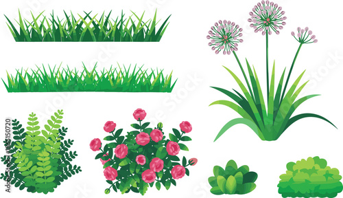 Cartoon plant and flower illustration set with grass, shrubs, and blossoms for gardening, landscaping, and botanical themes.
