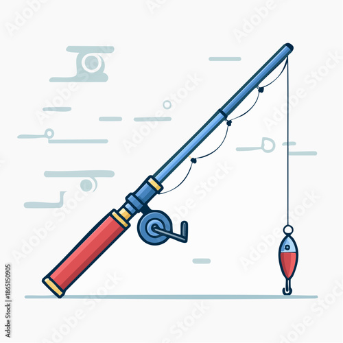 Clean line art illustration of a fishing rod and reel with a vibrant lure, embodying the spirit of outdoor adventure, recreational angling, and peaceful aquatic pursuits