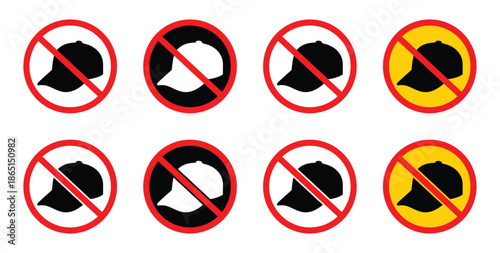 No hat prohibition sign on white background. Headwear Restriction and Dress Code Compliance Vector Icon.