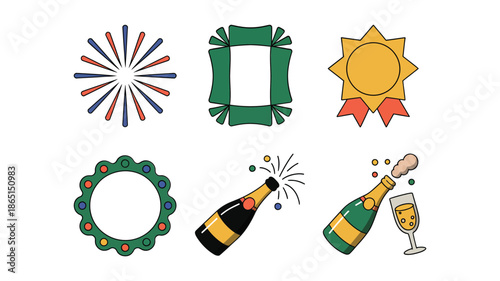 Seasonal celebration icons for new year and winter events, ribbon badges, champagne bottle, party popper, clock, sunburst and decorative vector assets