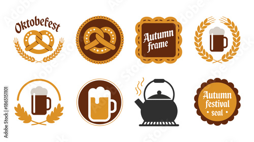 Autumn seasonal celebration icon set with wheat grain wreath badges, pumpkin emblems, leaf symbols and harvest event vector icon pack