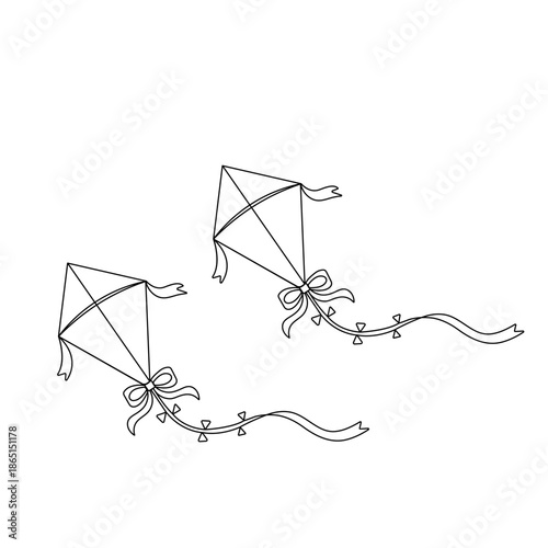 Continuous line drawing of a flying kite with a long tail, Vector
