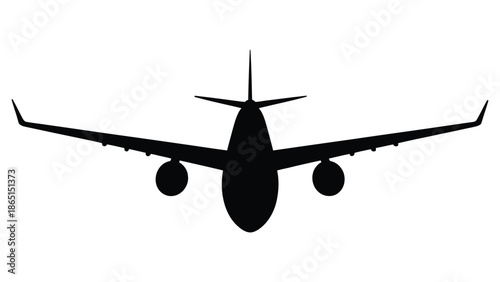 Black airplane silhouette front view isolated on white background representing commercial aviation, air travel, airline transport and modern flight concept