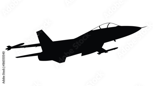 Black fighter jet silhouette icon isolated on white background representing military aviation, defense aircraft, air force power and modern combat flight