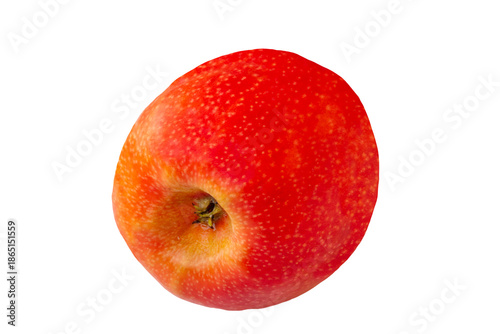 Closeup of a red fresh ripe apple fruit in isolated on a white background. Clipping path. Concept health. Macro.