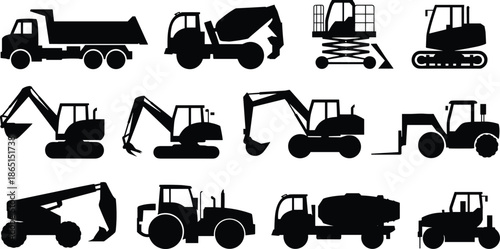 Construction vehicle silhouette icon set with excavator, dump truck, mixer, and more for industrial, building, and engineering themes.