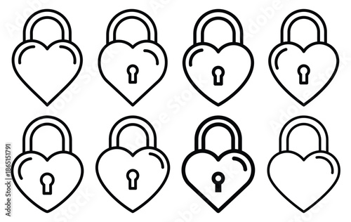 heart lock padlock line icon set. Simple outline collection for valentines day. Editable stroke vector illustration black outline shape on transparent background.