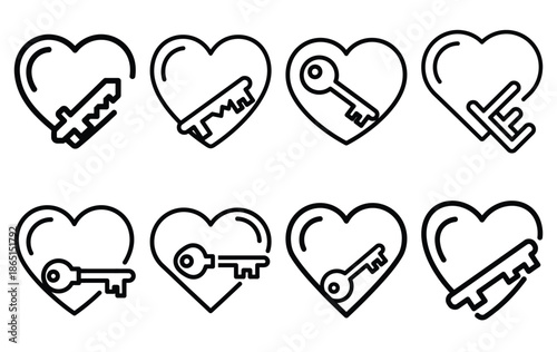 heart key romance line icon set. Simple outline collection for valentines day. Editable stroke vector illustration black outline shape on transparent background.
