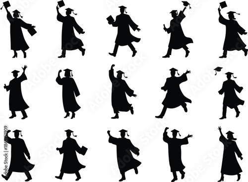 Graduation silhouette illustration set with joyful poses, caps, and gowns for academic celebration and achievement themes.