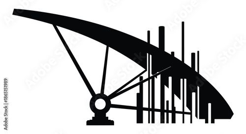 A striking black silhouette of a futuristic radio telescope against a bright white background silhouette