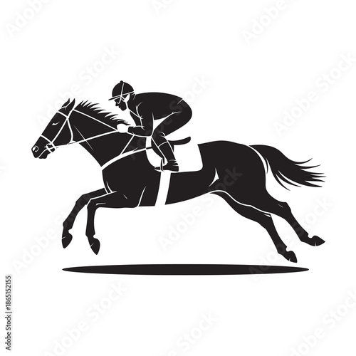 A black silhouette vector illustration of a jockey riding a horse during a race