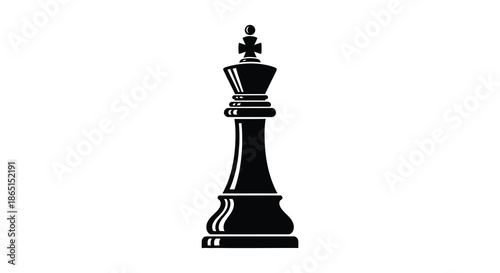 A striking black chess king piece is presented in a bold silhouette contrasting against a white background