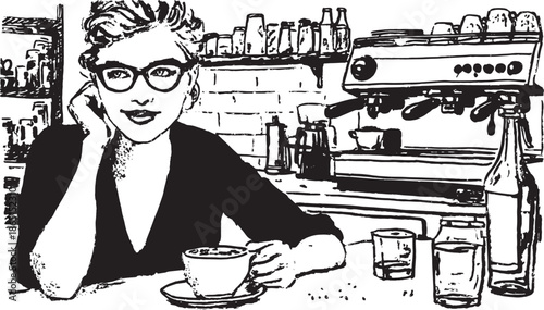 Coffee drinker in a cafe. Girl with glasses seated at a counter enjoying her cup in a vector illustration.